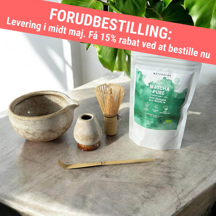 Matcha sæt inkl. rustik skål med hældetud (100g Matcha og al tilbehør)