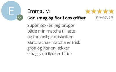 Anmeldelse af Matcha fra Matchacha: Super lækker! Jeg bruger både min matcha til latte og i opskrifter.